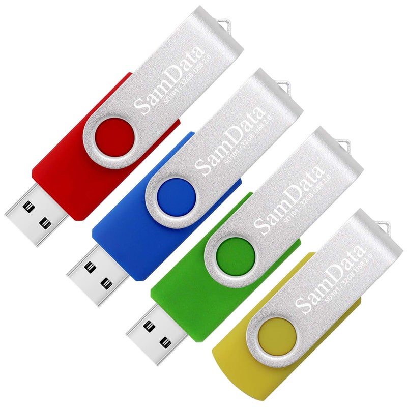 SamData USB 2.0 Flash Drive 32GB, 4 Pack Thumb Drive Swivel Memory Stick External Storage (4 Colors: Blue Green Red Yellow) - Image 1